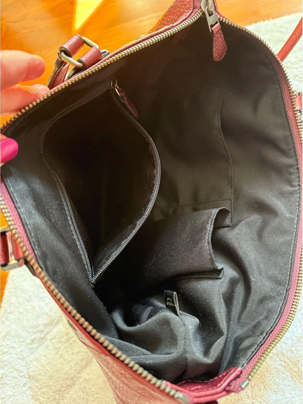Coach Mickie Satchel Pebbled Leather Bag with Adjust Strap in Metallic Cherry